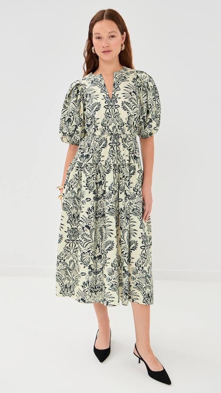 UJ Harriet Printed Cotton Poplin Puff Sleeve Midi Dress