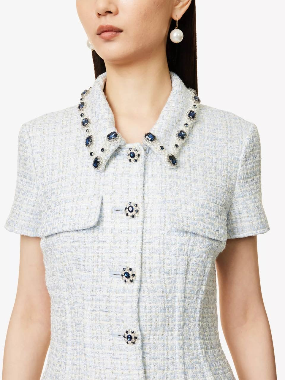 SP Diamante-trim Blue Boucle Pleated Skirt Mini Dress