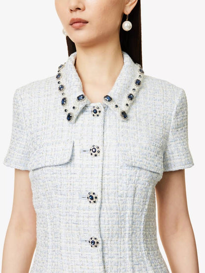 SP Diamante-trim Blue Boucle Pleated Skirt Mini Dress