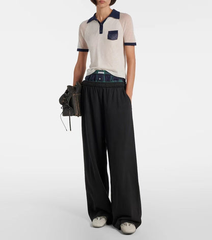 AC Lyocell-Wool Blend Colorblock Contrast Polo Semi-Sheer Sweater Shirt
