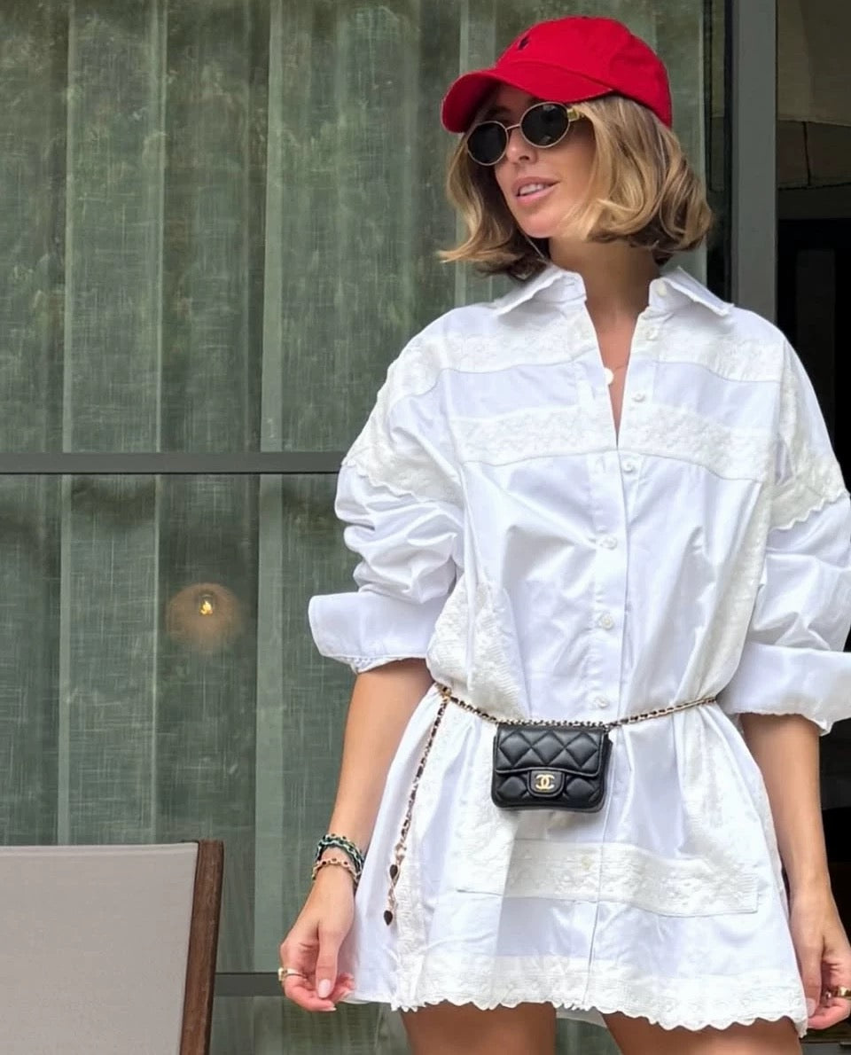 HS The Summer White Overshirt Oversized Shirtdress Shirt | White Shorts w Vintage Swiss Embroidery | Cotton Set