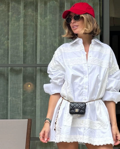 HS The Summer White Overshirt Oversized Shirtdress Shirt | White Shorts w Vintage Swiss Embroidery | Cotton Set