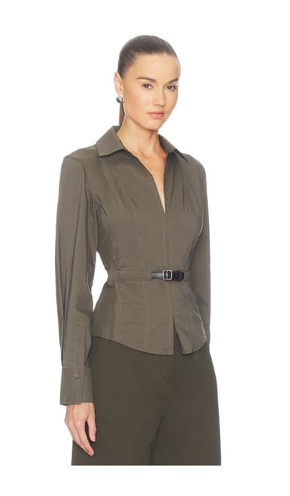 SK Loriel Belted Cotton-blend Long Sleeve Shirt Top