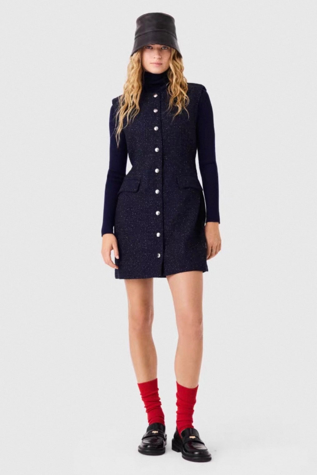 MJ Navy Blue Short Lurex Tweed Cinched Sleeveless Button Up Mini Dress