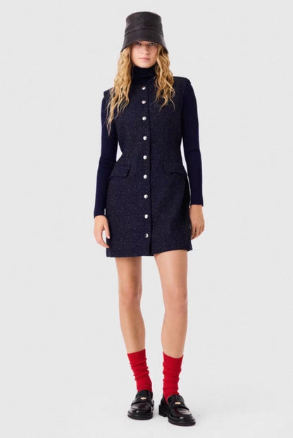 MJ Navy Blue Short Lurex Tweed Cinched Sleeveless Button Up Mini Dress