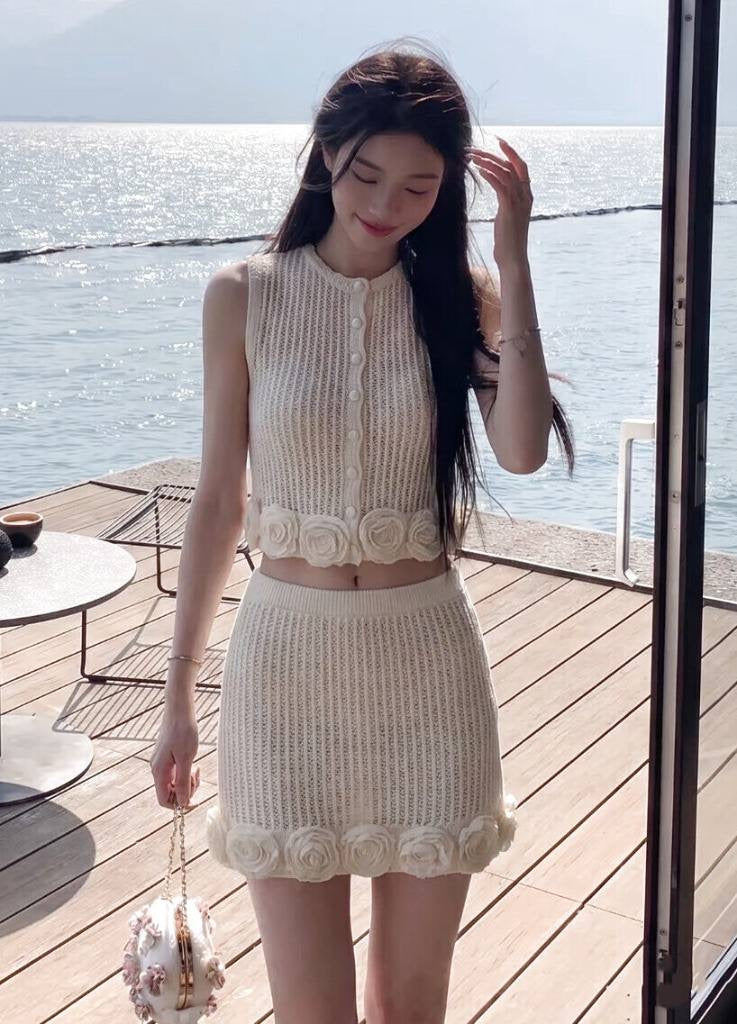 SP Crochet Flower Knit Shirt | Mini Skirt