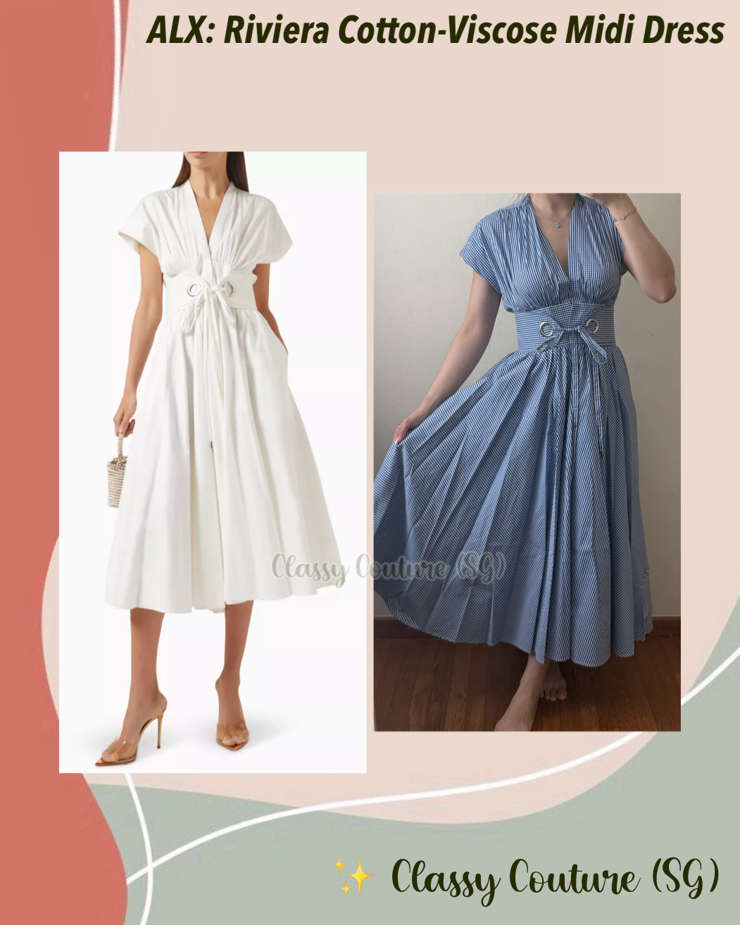 2 Colors! ALX Riviera Cotton-Viscose Midi Dress in White & Navy Gingham Blue