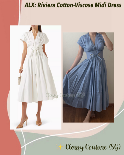 2 Colors! ALX Riviera Cotton-Viscose Midi Dress in White & Navy Gingham Blue