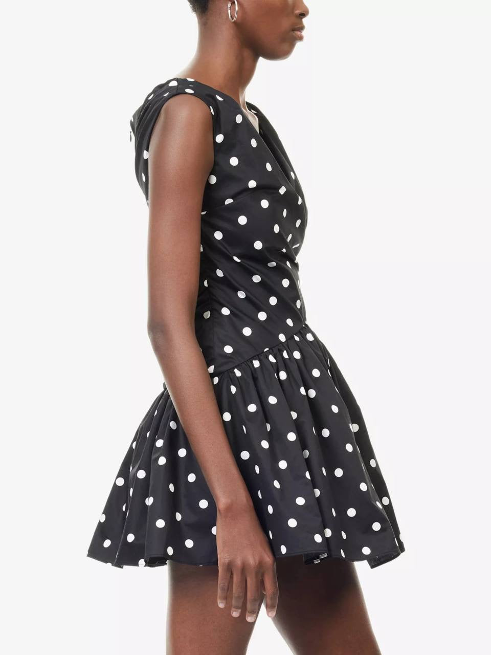 SP Black Polka Dot V-Neck Off Shoulder Cotton-Blend Mini Dress