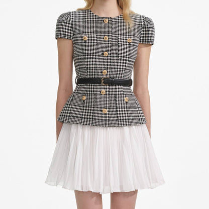 SP Grey Houndstooth Pleated Belted Short Sleeve Mini Dress | Tailored Midi Dress