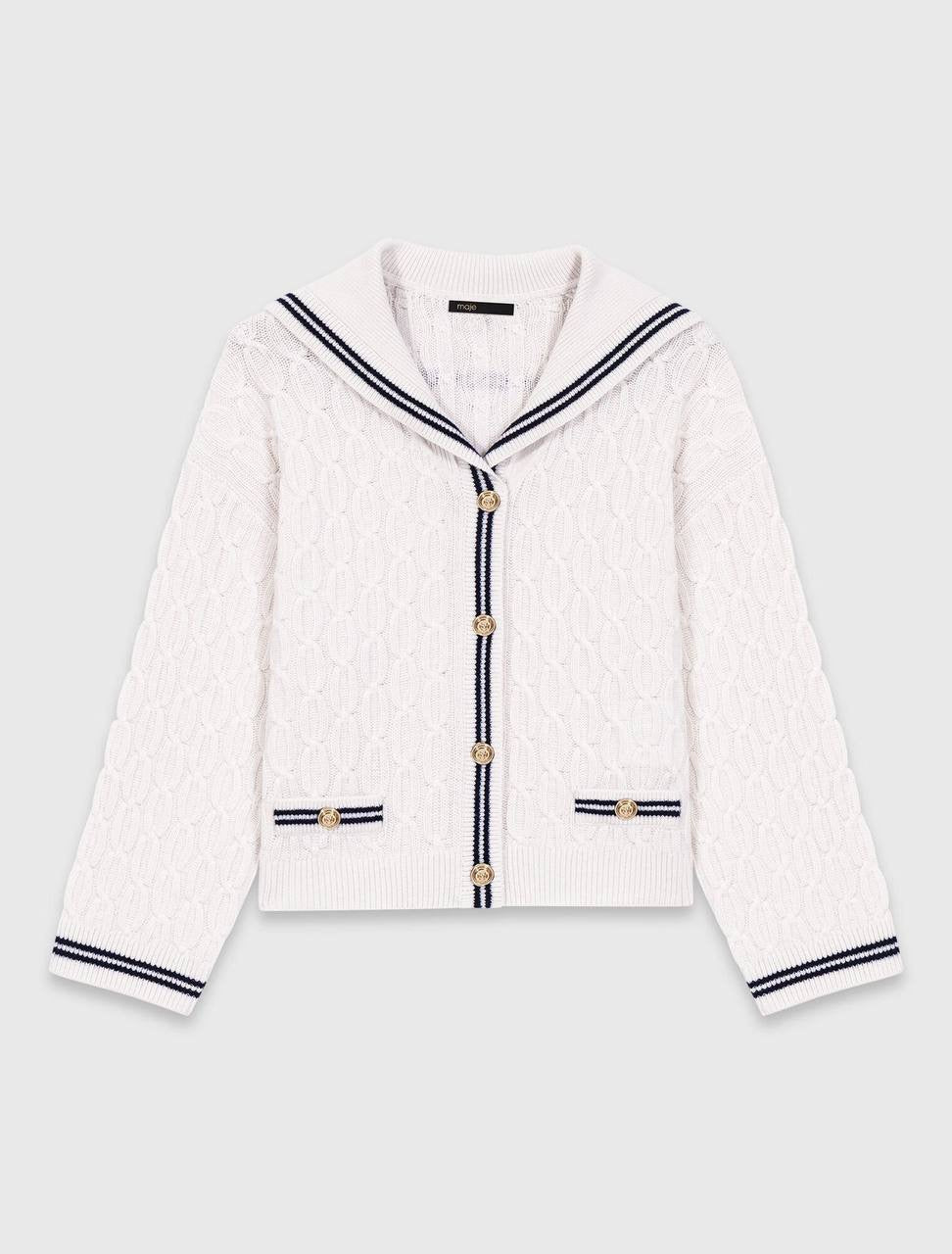 MJ Mirayalo Wool Cable-Knit Sailor Boat Neck Cardigan