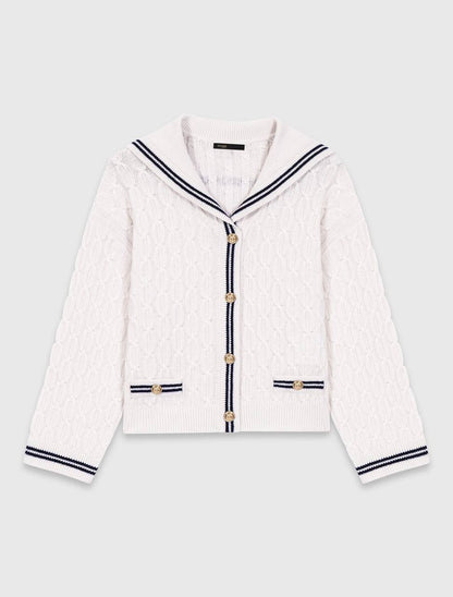 MJ Mirayalo Wool Cable-Knit Sailor Boat Neck Cardigan