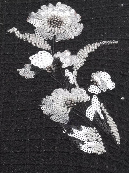 SP Black Textured-Knit Embellished Floral Jacket | Skirt