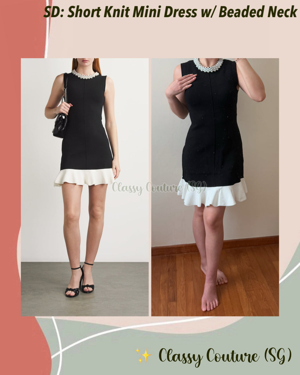 SD Short Sleeveless Knit Mini Dress with Pearl Beaded Neck