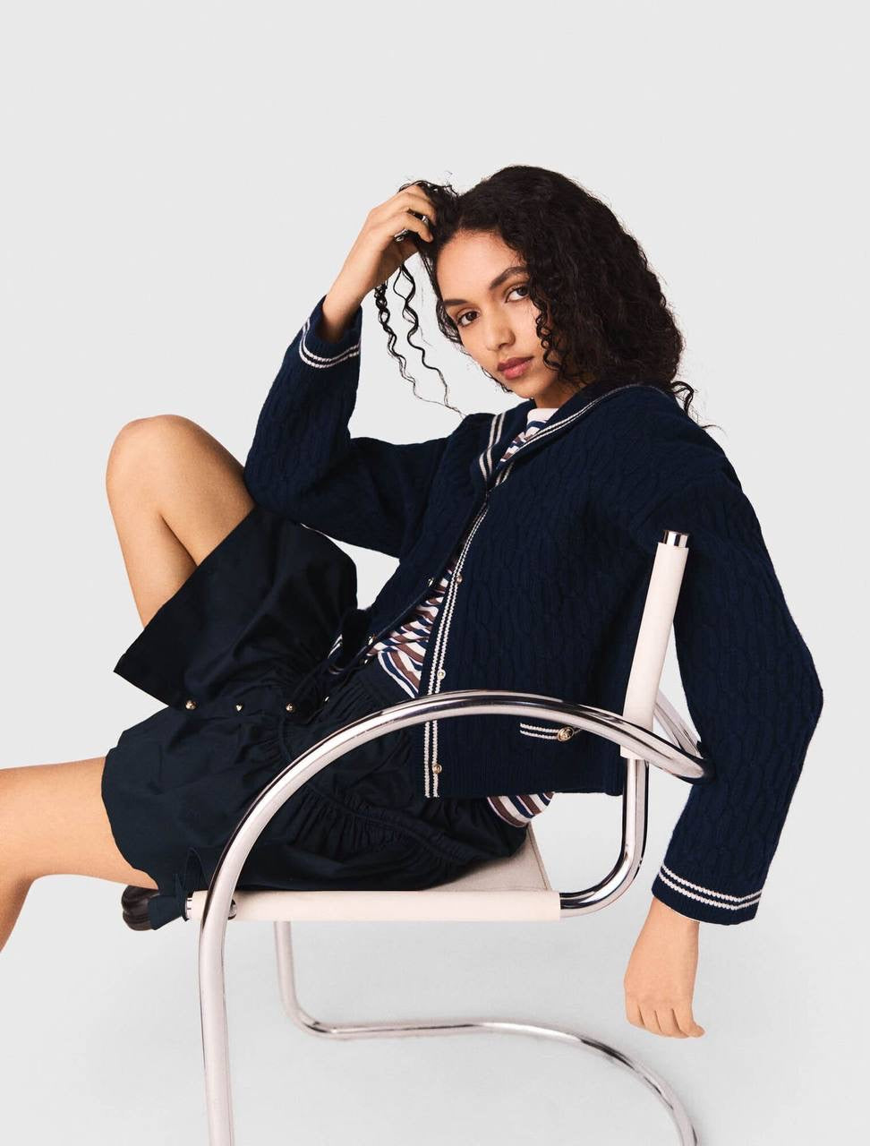 MJ Mirayalo Wool Cable-Knit Sailor Boat Neck Cardigan