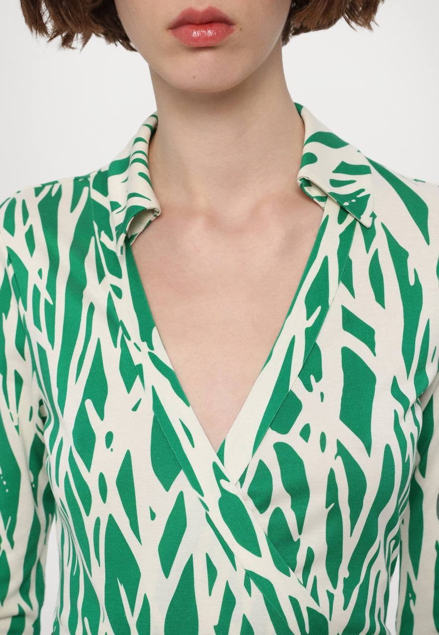 DVF Twig Green Silk Jersey Wrap Midi Dress