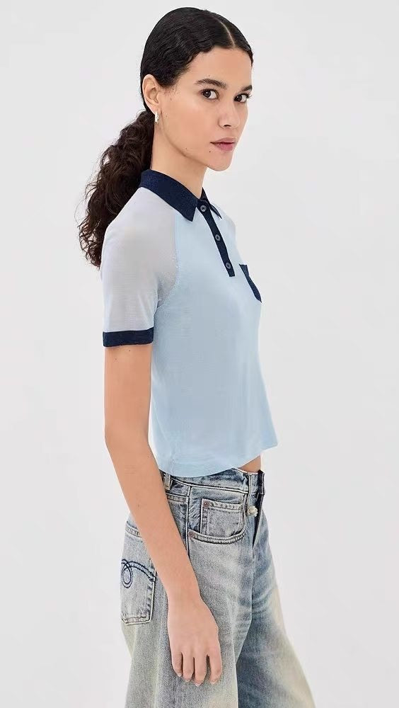 AC Lyocell-Wool Blend Colorblock Contrast Polo Semi-Sheer Sweater Shirt