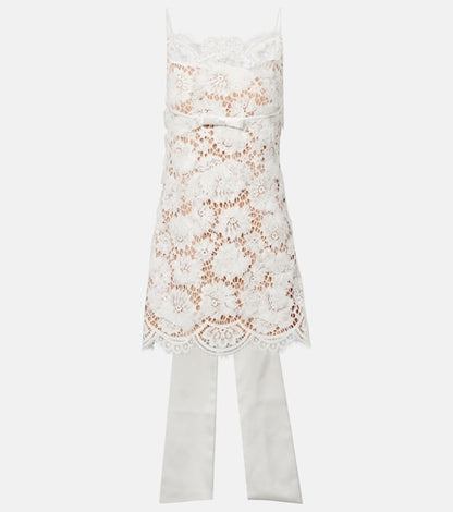 SP White Lace Scalloped-Hem Bow Open Back Mini Dress