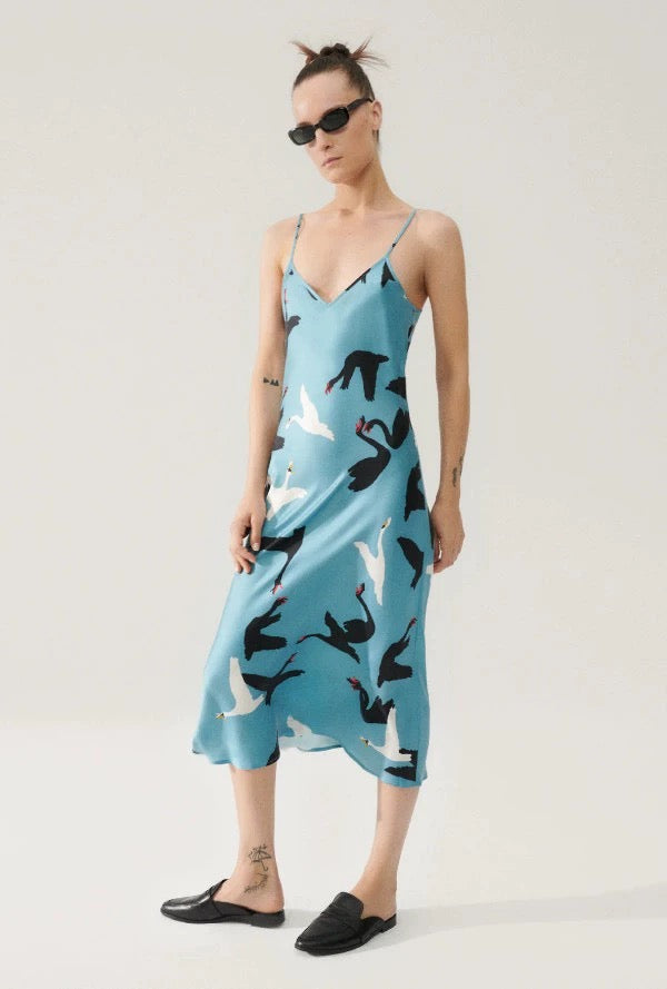 (PART 1/2) SL 90s Silk Slip Midi Dress Animal Prints: Swans, Grass Monarch Butterfly, Lemur Matisse