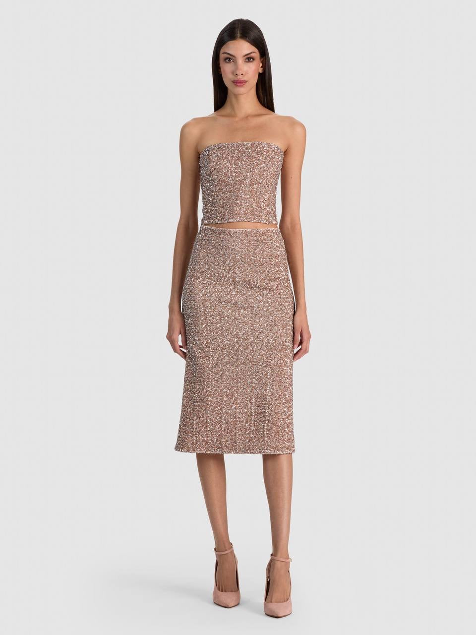 Cosette Corset Strapless Bandeau Top | Fifi Midi Skirt | Sequin Set