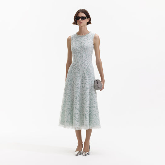 SP Mint Green Cord Lace Round Neck Midi Dress