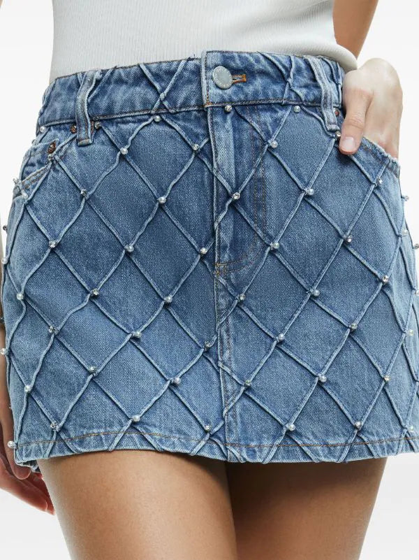 AO Joss High Rise Quilted Embellished Denim Mini Skirt