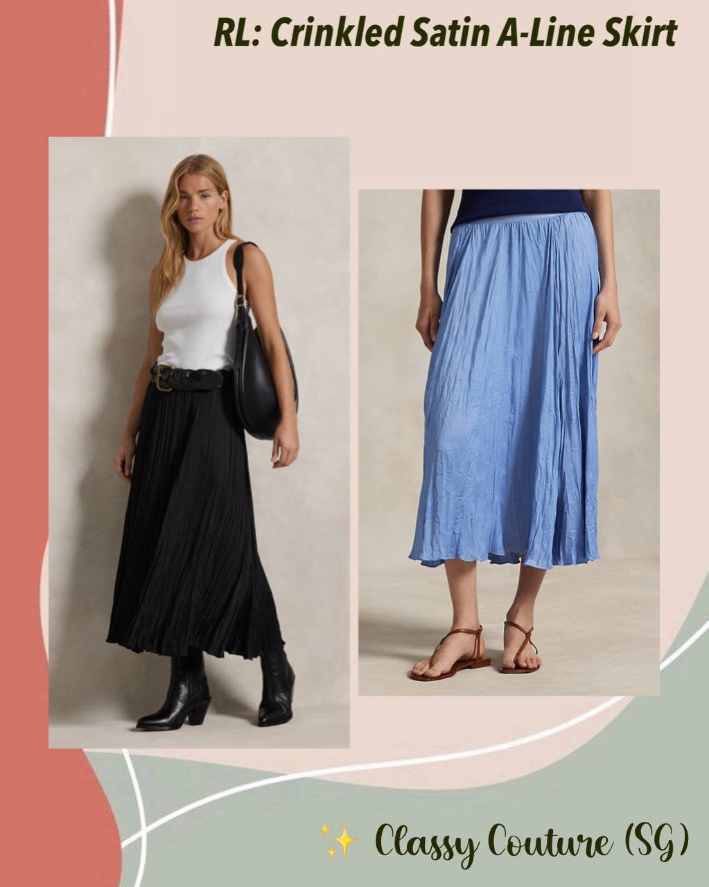 RL Crinkled Satin A-Line Midi Skirt
