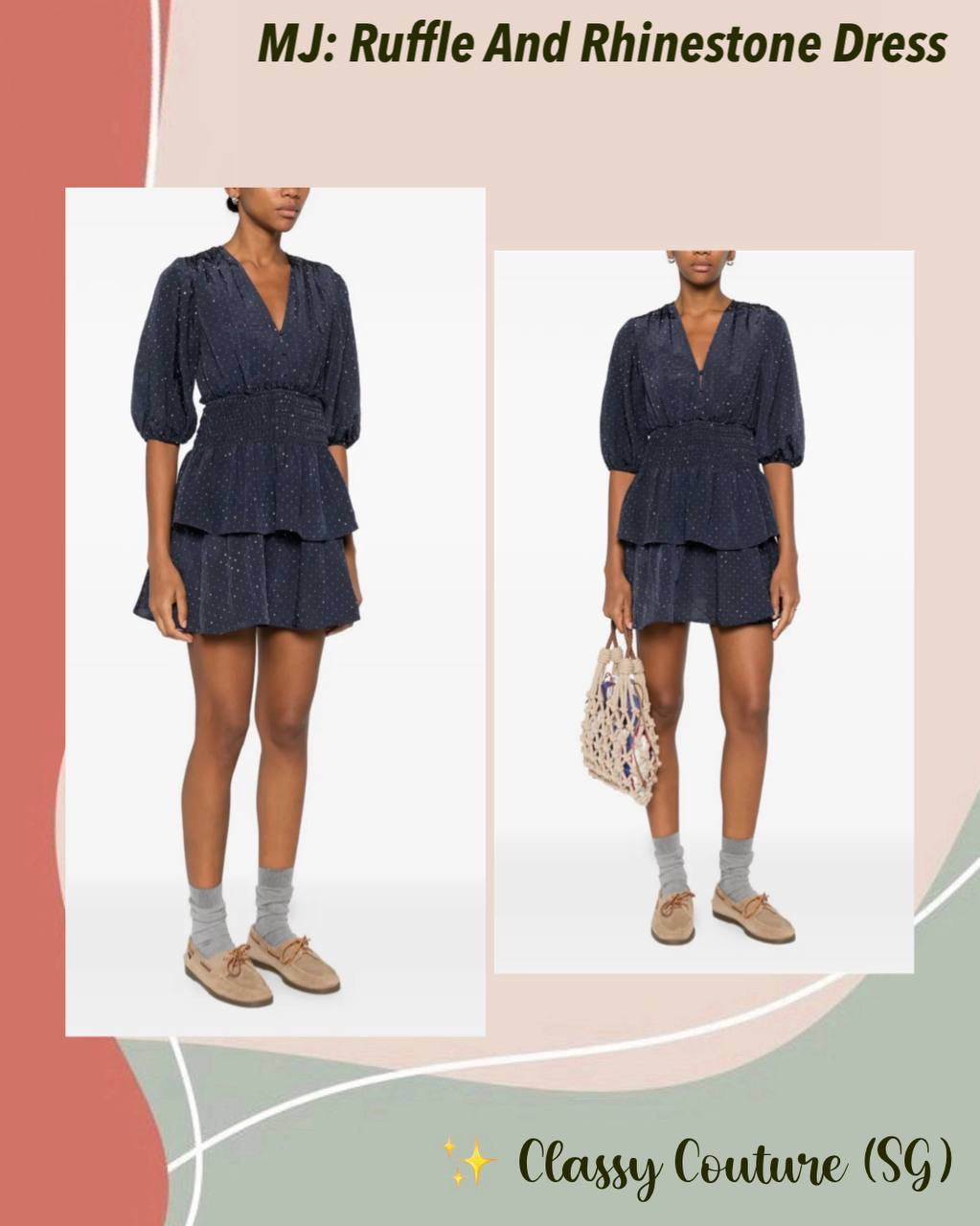 MJ Ruffle And Rhinestone Mini Dress in Navy Blue