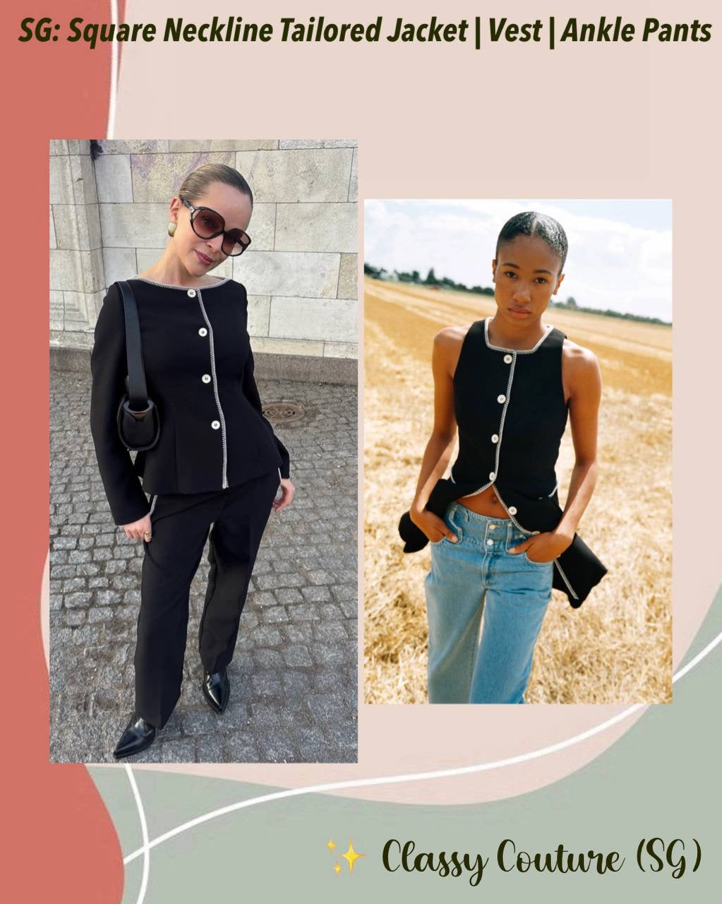 SG Boat Neckline Tailored Jacket | Long Vest Mini Dress | Mid-rise Ankle Pants | Set