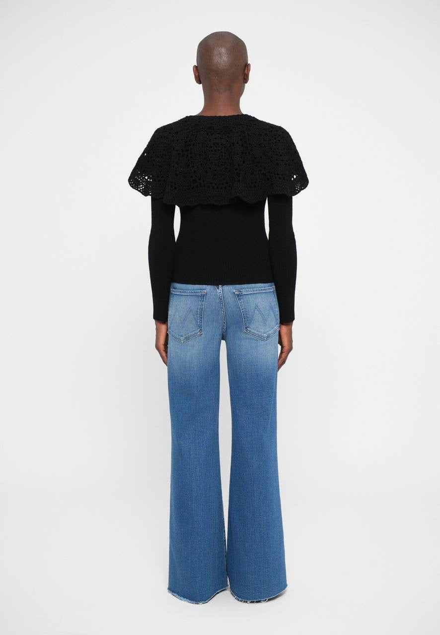 SE Black Nara Crochet Long Sleeve Cardigan Top With Capelet