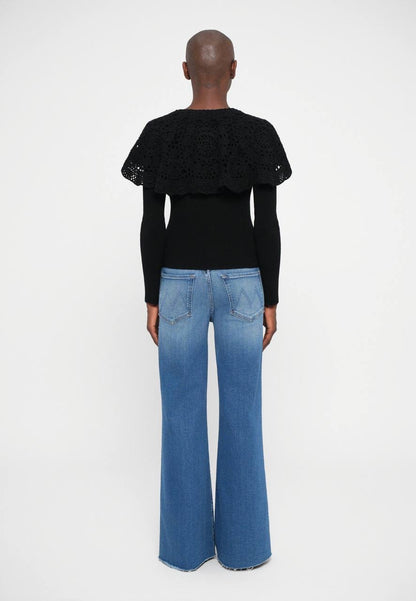 SE Black Nara Crochet Long Sleeve Cardigan Top With Capelet