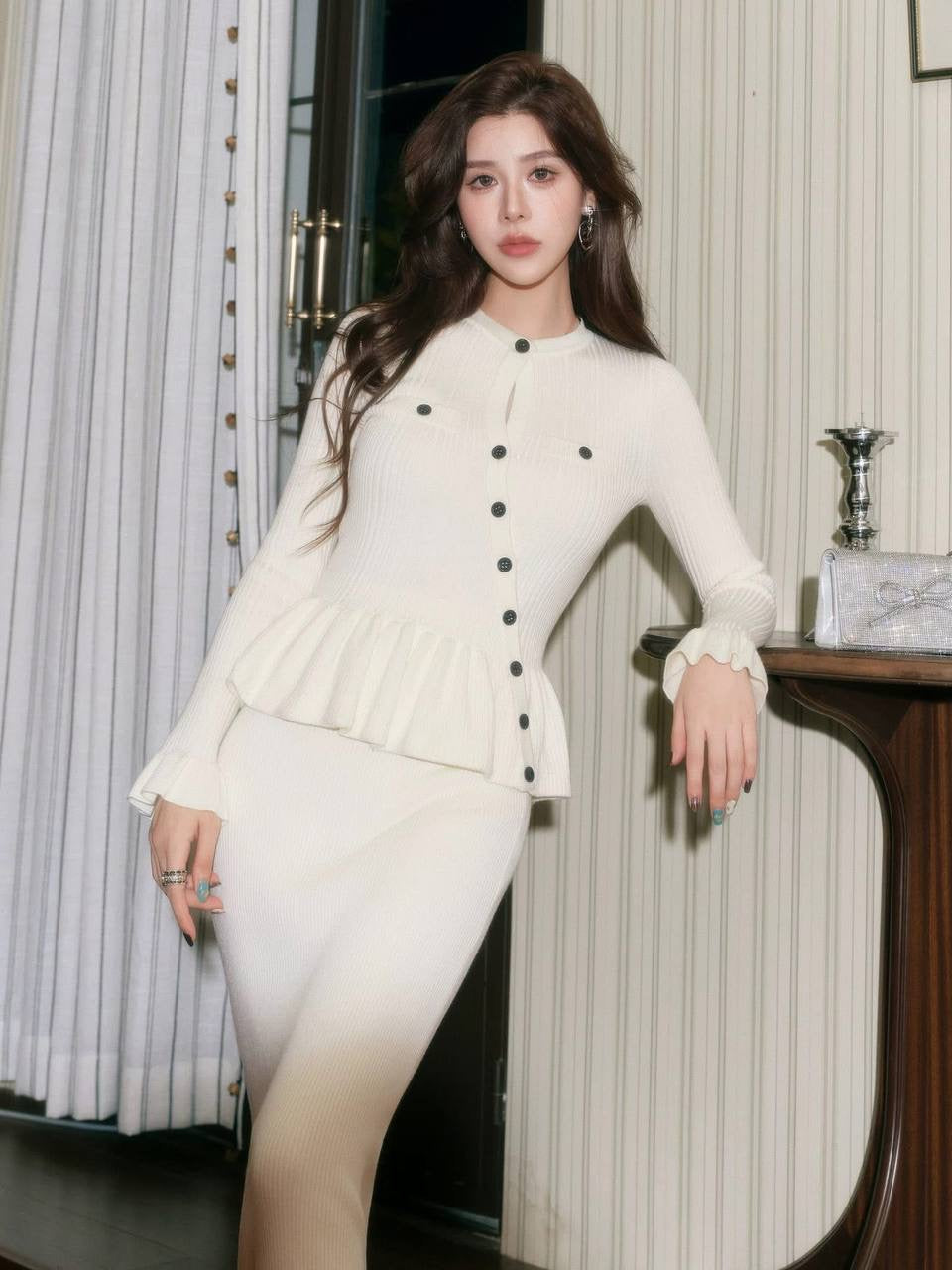 SP Cream Asymmetrical Peplum Knit Midi Dress