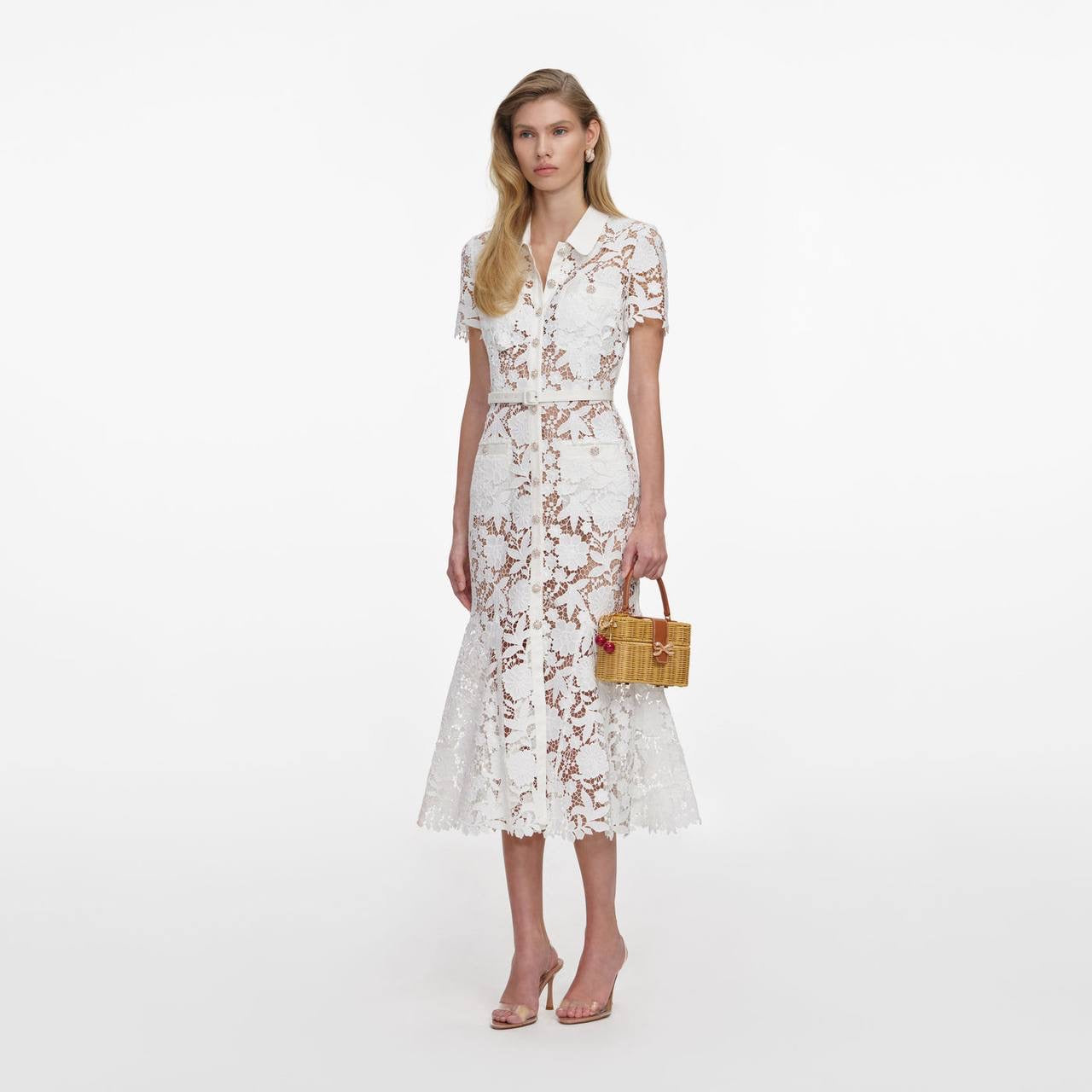 SP White Lace Collared Mermaid Belted Midi Dress