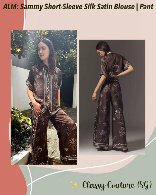 ALM Sammy Short-Sleeve Silk Satin Blouse | Pant | Set