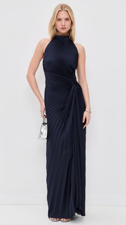 ALC Romy Halter Pleated Satin Gown Maxi Dress