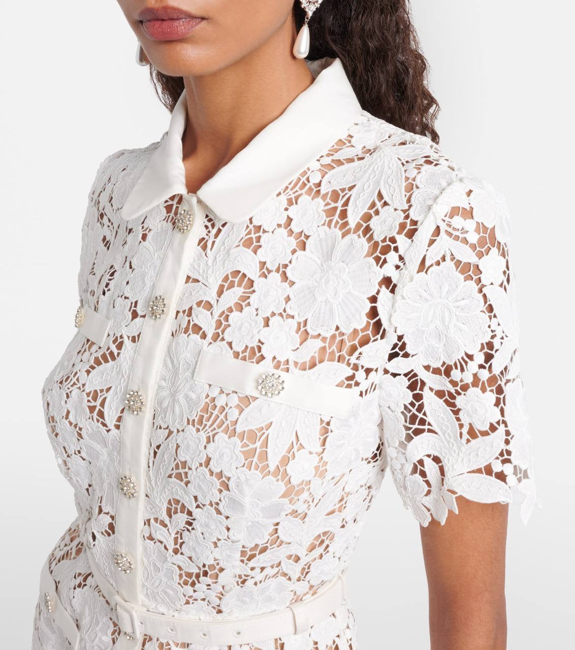 SP White Lace Collared Mermaid Belted Midi Dress
