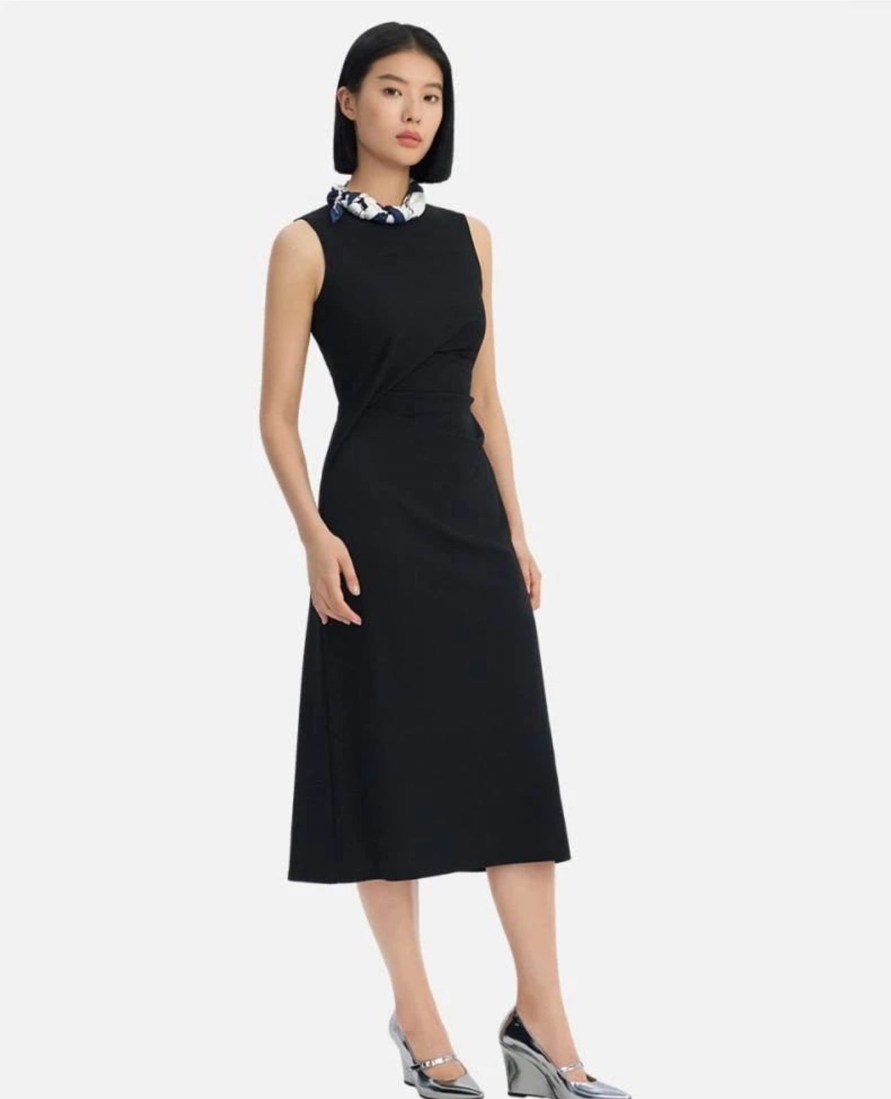 TH Draped Sweater Crepe Jersey Tuck Midi Dress
