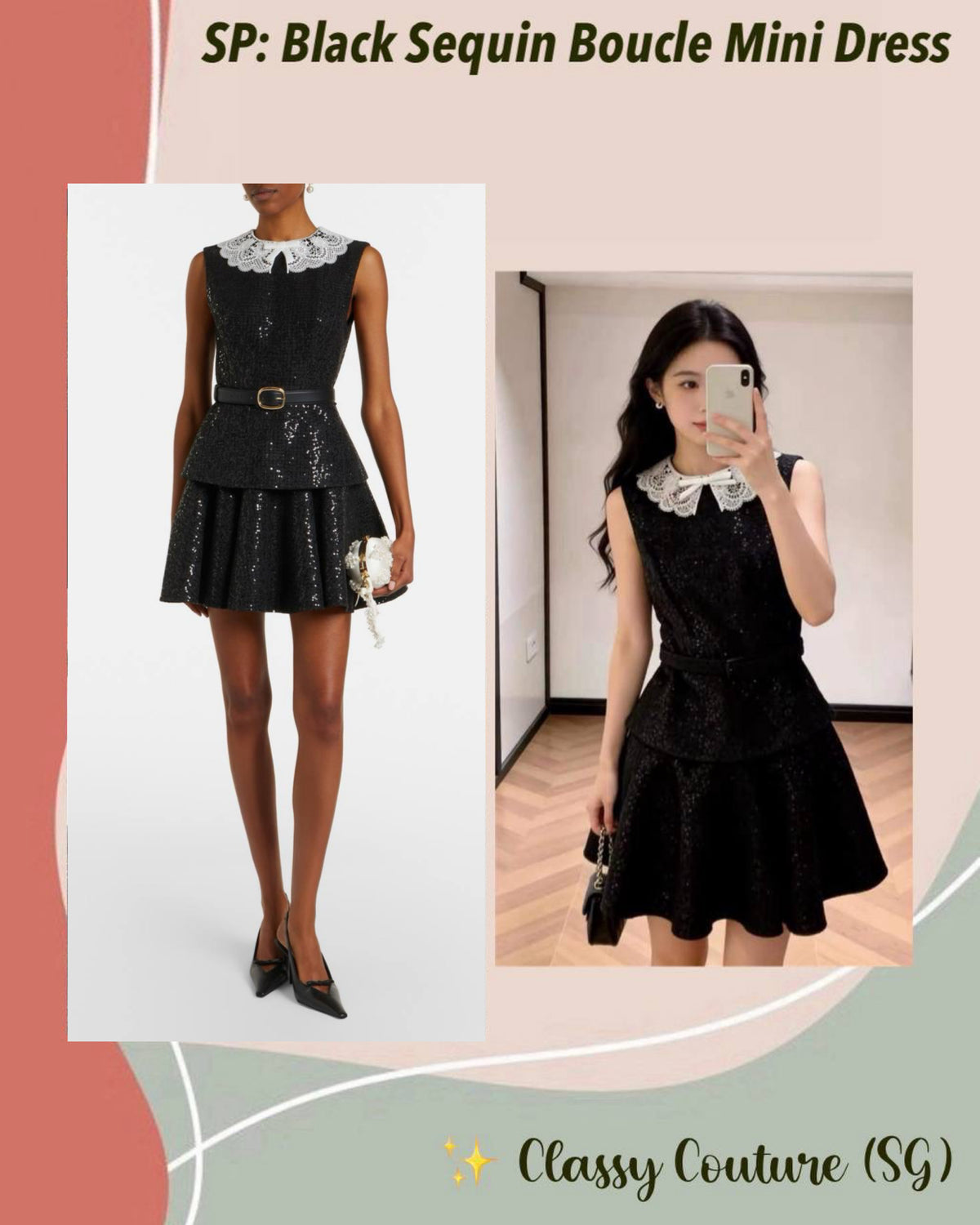 SP Black Contrast Lace Collar Sequin Boucle Peplum Mini Dress