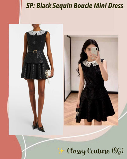 SP Black Contrast Lace Collar Sequin Boucle Peplum Mini Dress