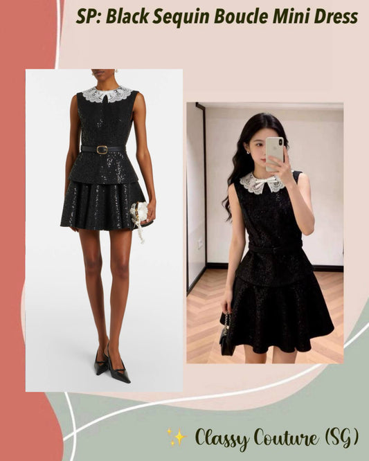 SP Black Contrast Lace Collar Sequin Boucle Peplum Mini Dress
