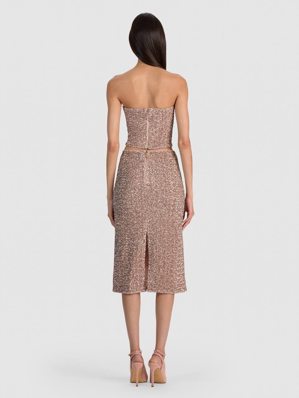 Cosette Corset Strapless Bandeau Top | Fifi Midi Skirt | Sequin Set