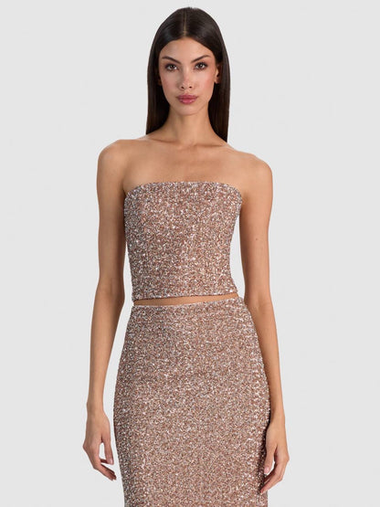 Cosette Corset Strapless Bandeau Top | Fifi Midi Skirt | Sequin Set