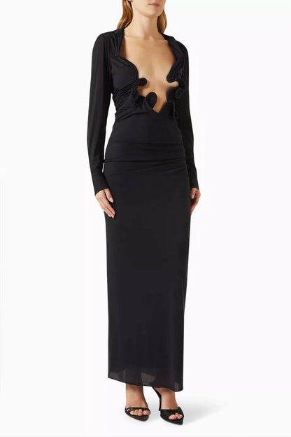CE Venus Plunge Jersey Molded Cutout Shirt Maxi Dress