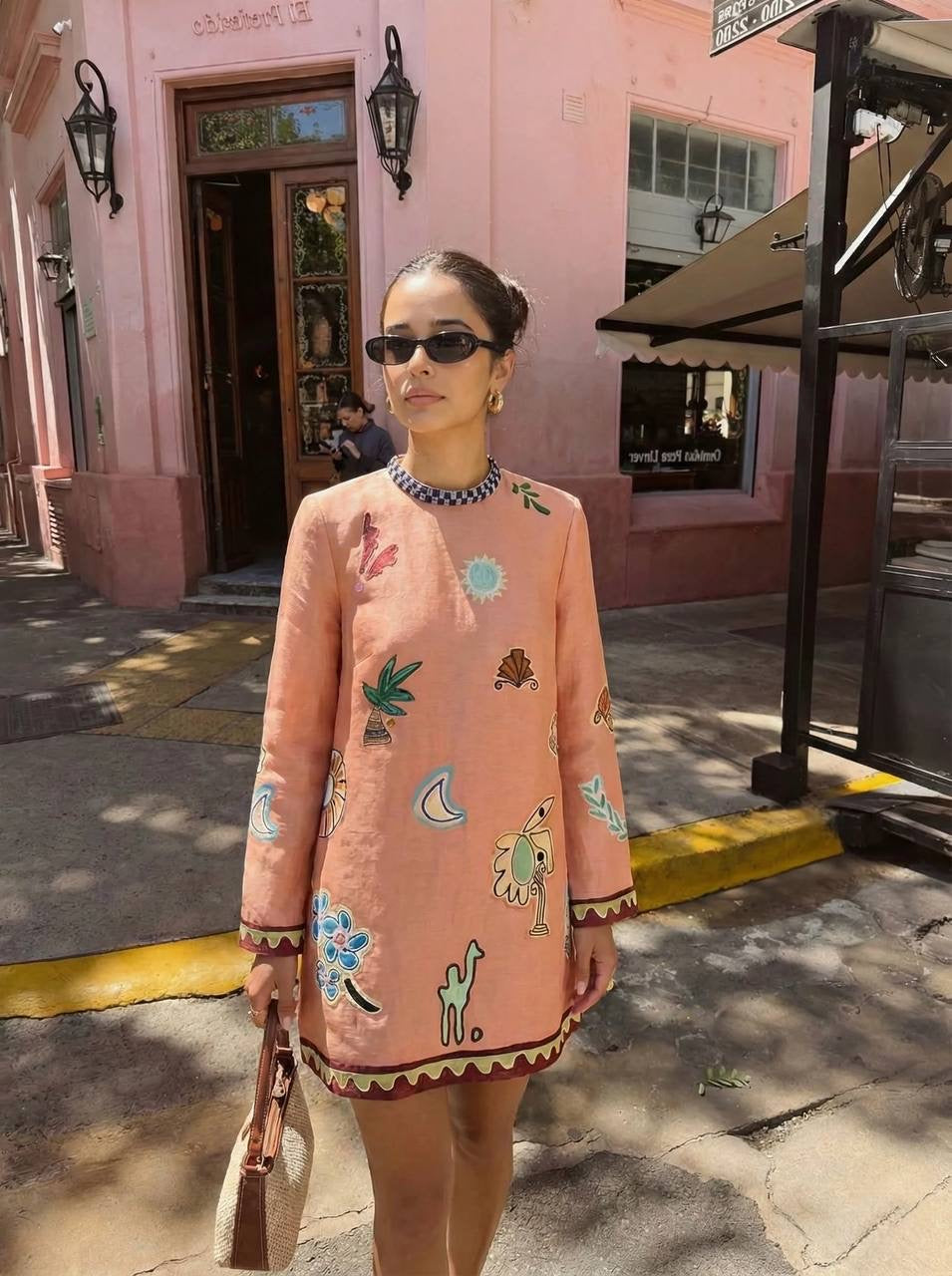 ALM Laurence Linen-Silk Long Sleeve Mini Dress
