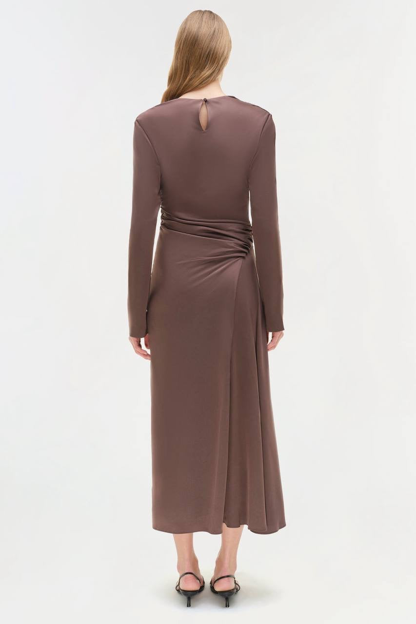 SK Odessa Ruched Long Sleeve Satin Midi Dress in Chocolate brown