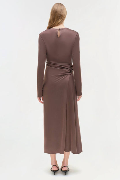 SK Odessa Ruched Long Sleeve Satin Midi Dress in Chocolate brown