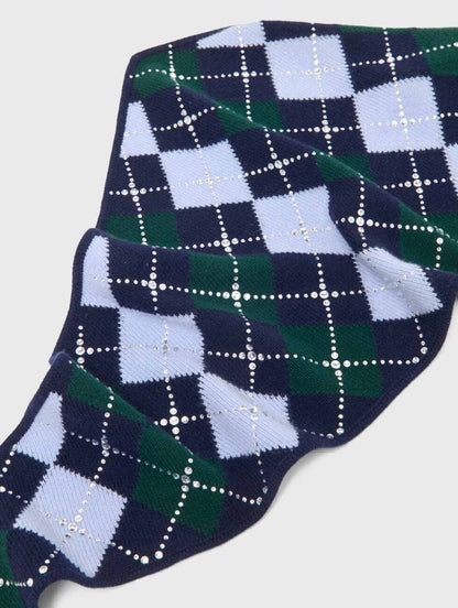 Argyle Diamond Jumper Sweater with Rhinestones & Wool Triangle Scarf | Green/Blue/Navy Set
