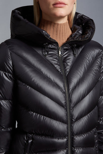 MC Chandre Long Down Puffer Jacket Coat With Removable Shearling Trim in Black
