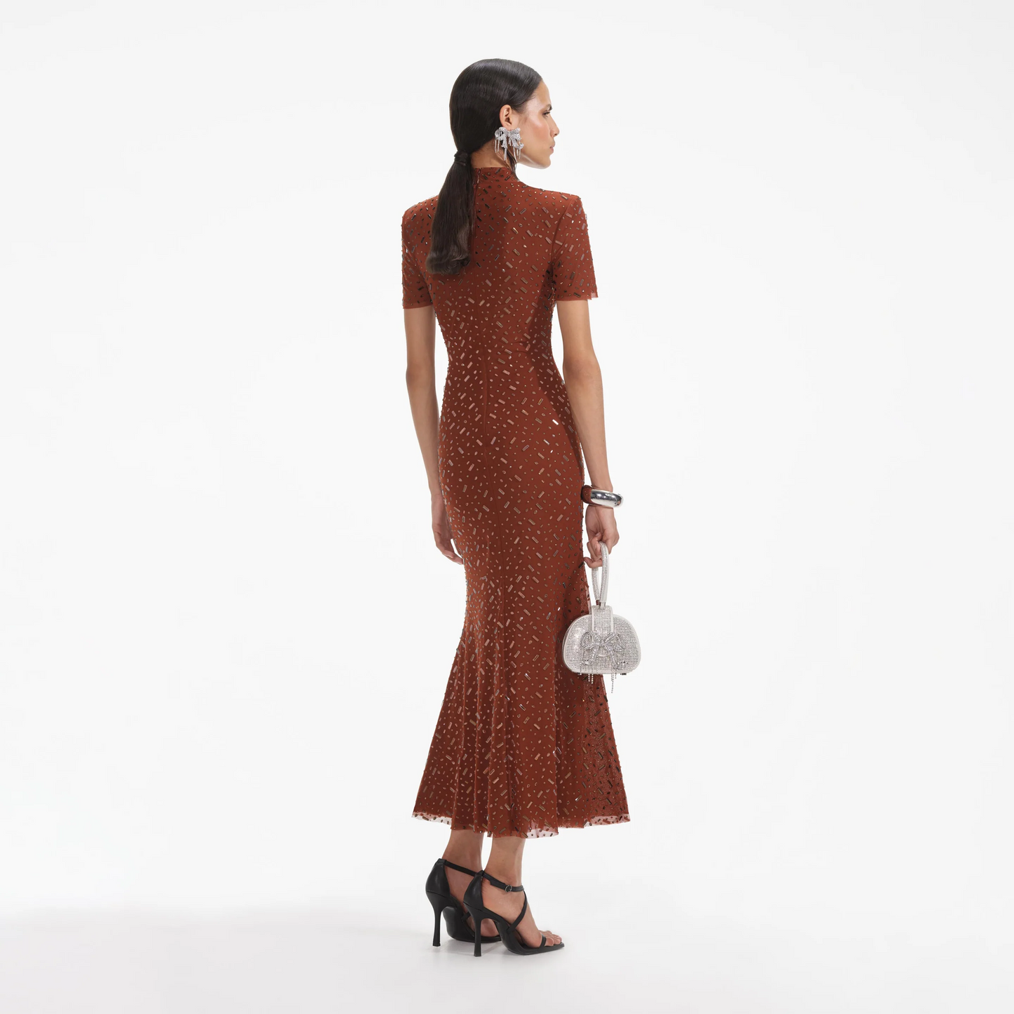 SP Brown Square Rhinestone Mesh Midi Dress