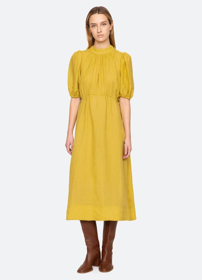 SE Anise S/S Short-Sleeved Ramie Puff Midi Dress (with detachable cotton slip)